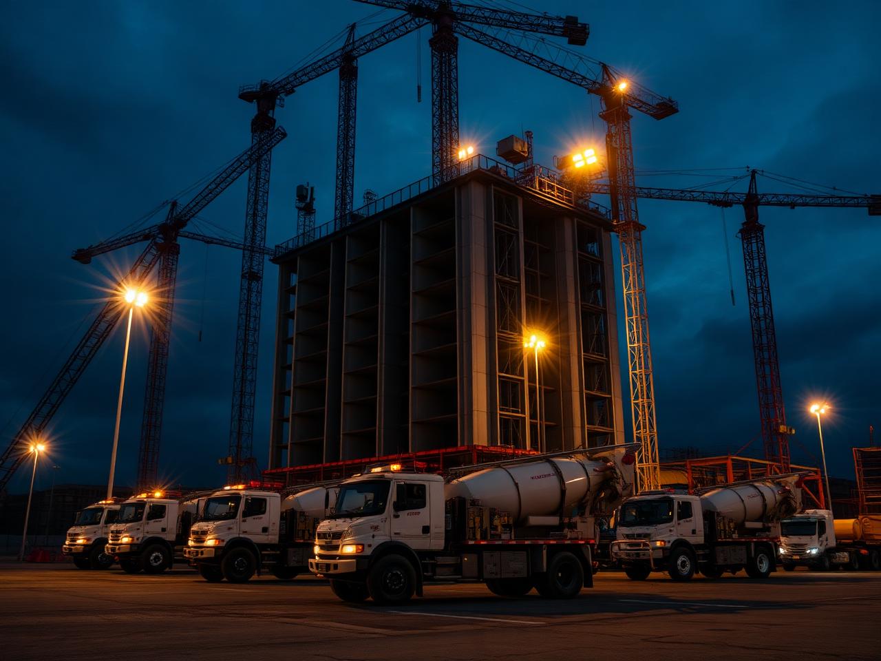 Industrial construction site at night with concrete trucks