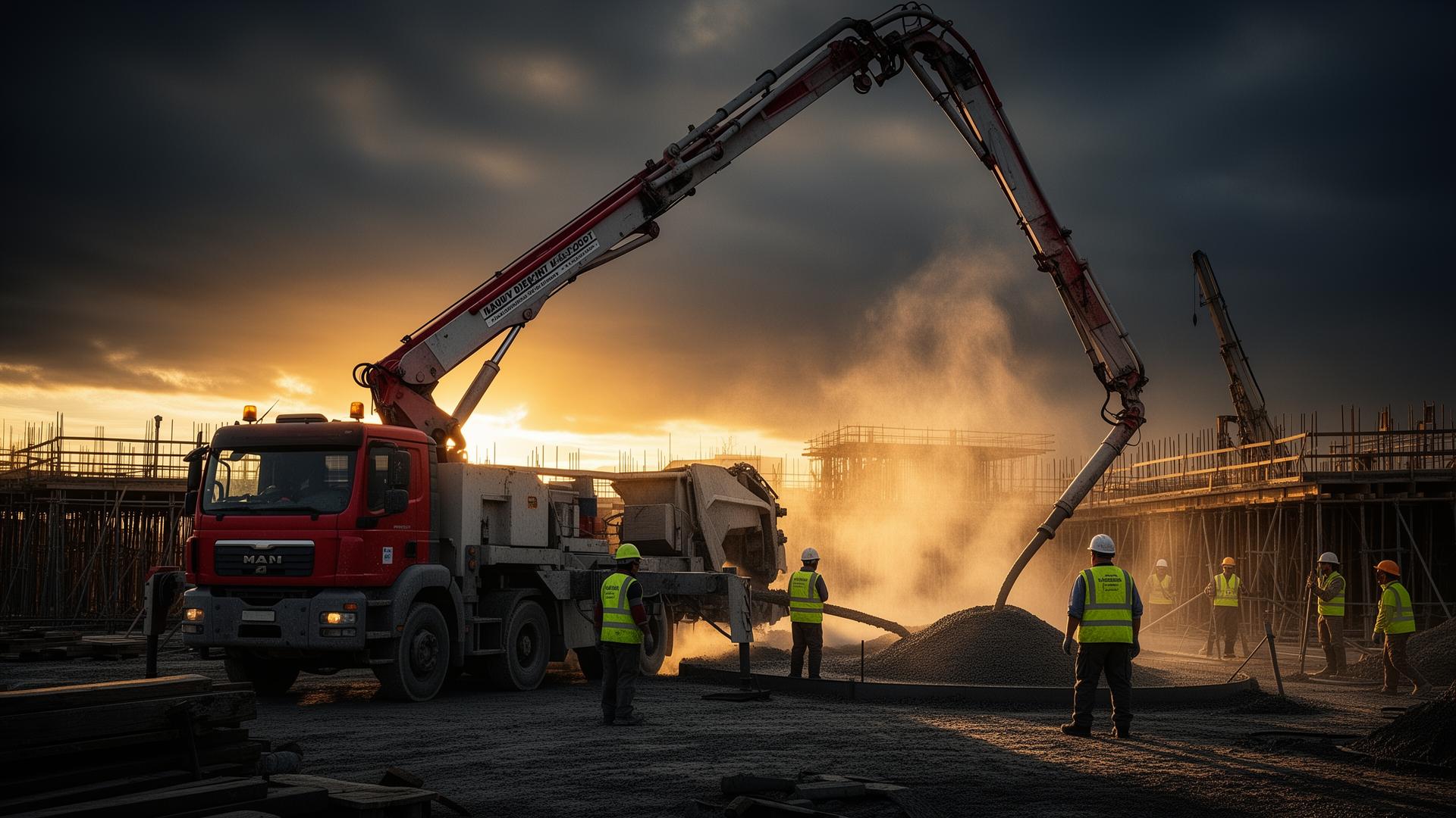 Concrete boom pump truck pouring concrete at sunset on a Saskatchewan job site
